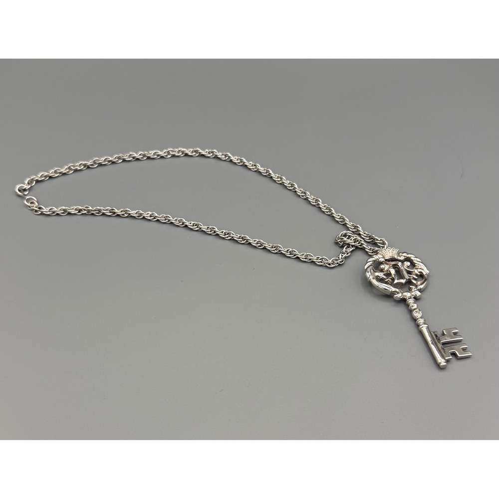 Vintage Ornate Silver Tone Skeleton Key Pendant Rope Chain Necklace 24 Inch